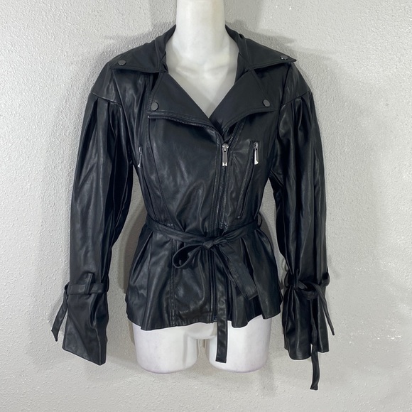 BCBGMaxazria Kinsley Black Vegan Leather Balloon Sleeve Belted Moto Jacket XS - Picture 9 of 16